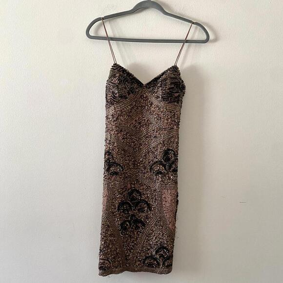AIDAN MATTOX brown bronze sequin beaded mini dress - Picture 1 of 7